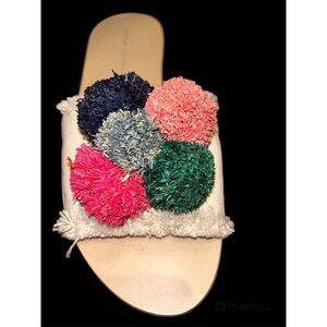 LOEFFLER RANDALL Slides Lulu Cream Fabric Dried Pom Pom Flats Sandals Sz US 9‎